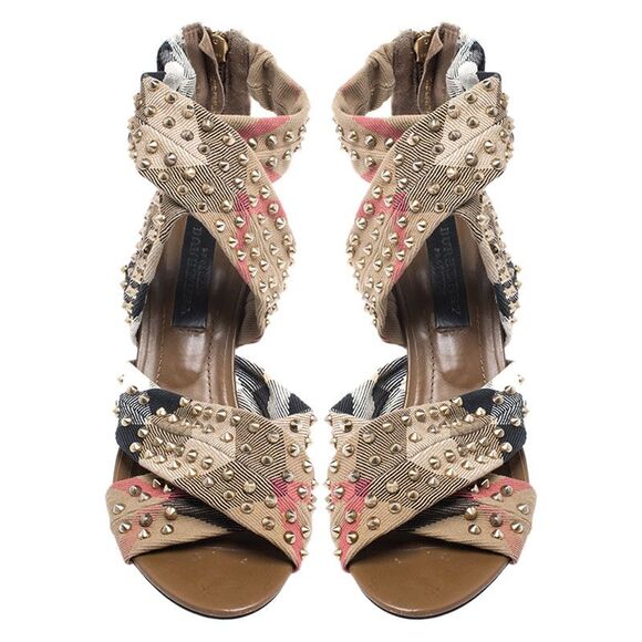 Burberry Beige Nova Check Criss Cross Canvas Spike Studded Open Toe Sandals - Picture 3 of 4